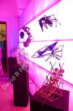 Art sculptures on display at the cultural center of the Ricardo Palma University in the Miraflores district of Lima, Peru.