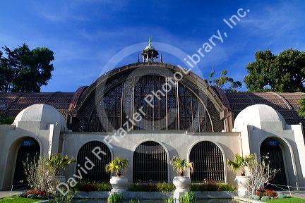 The Botanical Building and Reflection Pond in the El Prado area of Balboa Park, San Diego, California, USA.