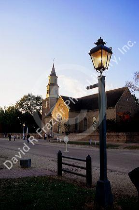 Lamp post in front of Bruton Parish Church in colonial Williamsburg, Virginia.