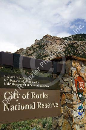 Sign marking the City of Rocks National Reserve and state park in Cassia County, Idaho, USA.