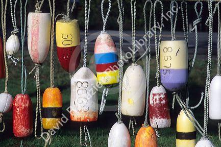 Colorful old  crab pot buoys on display in Westport, Washington.