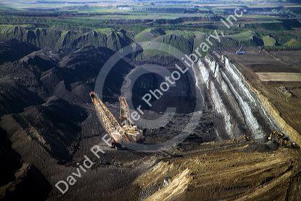 Aerial view of a dragline being used in the process of coal surface mining in Campbell County, Wyoming, USA.