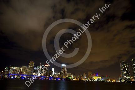 The skyline at night of downtown Miami, Florida, USA.
