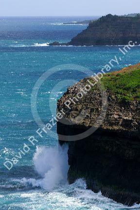 Pacific ocean waves crash against the lava peninsula of Kilauea Point National Wildlife Refuge on the island of Kauai, Hawaii, USA.