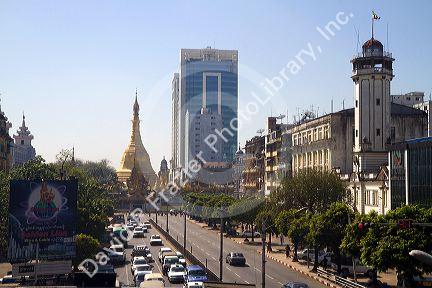 Sule Paya Road located in the heart of downtown (Rangoon) Yangon, (Burma) Myanmar.