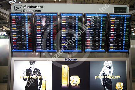 Departure board at the Suvarnabhumi Airport also known as the New Bangkok International Airport in Bangkok, Thailand.