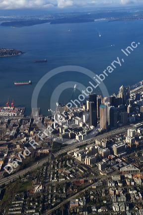 View from an airplane window of Elliott Bay and Seattle, Washington, USA.