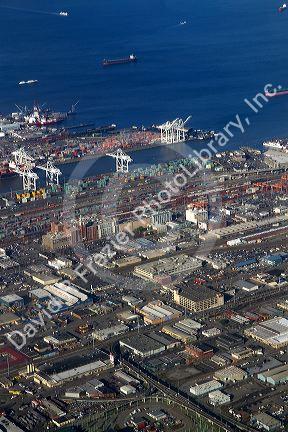 View from an airplane window of Elliott Bay and Seattle, Washington, USA.