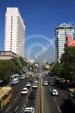 Sule Paya Road located in the heart of downtown (Rangoon) Yangon, (Burma) Myanmar.