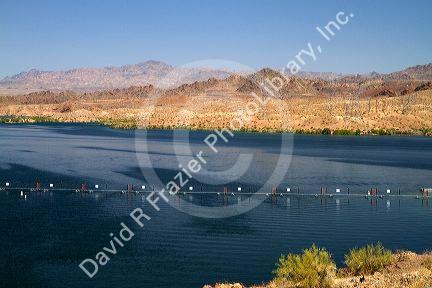 The Colorado River at Parker Dam creates Lake Havasu reservoir in La Paz County, Arizona and San Bernardino County, California, USA.