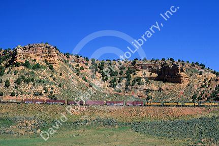 A Union Pacific railroad train travels near Evanston, Wyoming.
