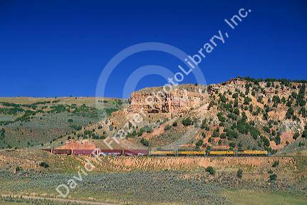 A Union Pacific railroad train travels near Evanston, Wyoming.