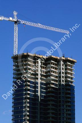 A crane used for construction on a highrise building in San Diego, California.