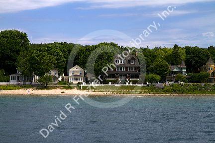 Lakefront historic buildings on Mackinac Island located in Lake Huron, Michigan, USA.