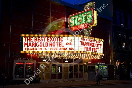 The State Theatre marquee in Traverse City, Michigan, USA.