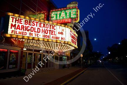 The State Theatre marquee in Traverse City, Michigan, USA.