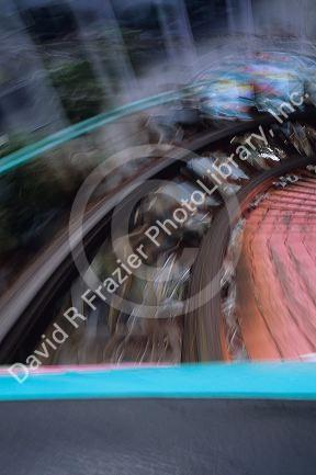 Rider's view of a roller coaster ride in San Diego, California.