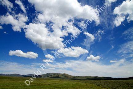 Cumulus clouds and blue sky over green fields near Pine, Idaho, USA.