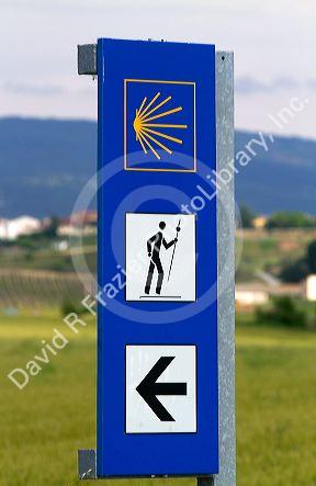 Marker along the Camino De Santiago, the Way of St. James pilgrimage route, Navarra, Spain.