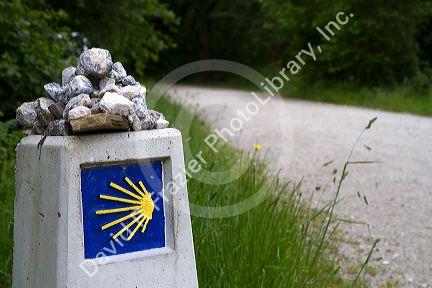 Marker along the Camino De Santiago, the Way of St. James pilgrimage route, Navarra, Spain.