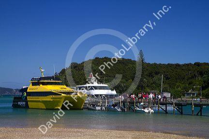 Tour boats dock on an island in the Bay of Islands, North Island, New Zealand.