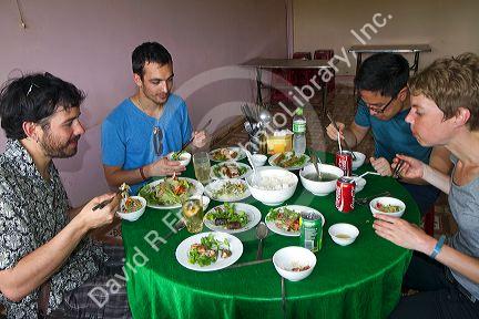 Tourists eating vietnamese lunch near Da Lat, Vietnam.