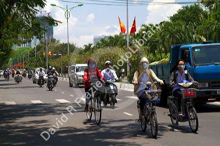 Scooter traffic on a street in Nha Trang, Vietnam.