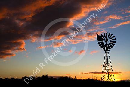 Windmill at sunset near Wilcox, Arizona, USA.
