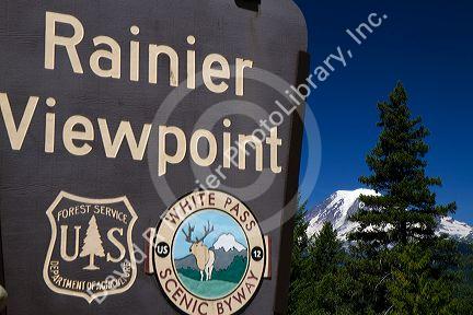 Mount Rainier viewpoint sign in the state of Washington, USA.