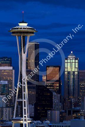 Seattle city scape at dusk with Space Needle, Washington, USA.