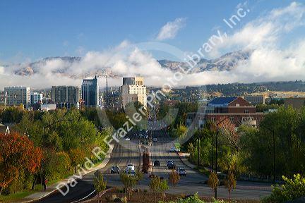 View of capital boulevard and the Idaho state capitol building on a misty morning in downtown Boise, Idaho, USA.