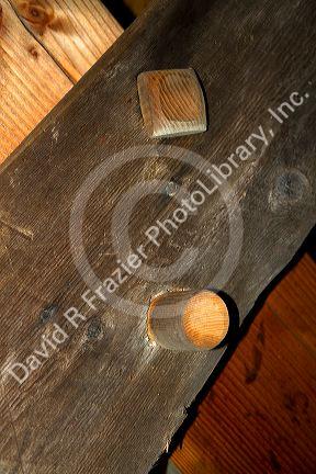 Close up of wooden peg town lattice construction of a covered bridge in Vermont, USA.