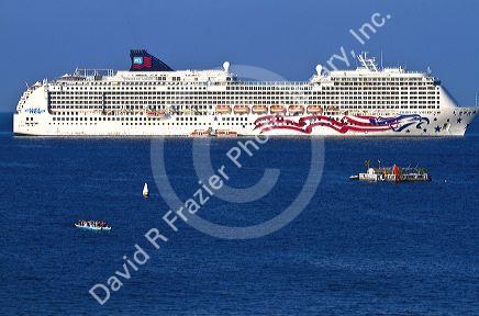 The Pride of America cruise ship at anchor off the coast at Kailua-Kona on the Big Island of Hawaii, USA.