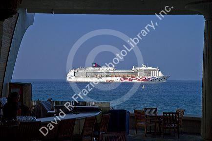 The Pride of America cruise ship at anchor off the coast at Kailua-Kona on the Big Island of Hawaii, USA.