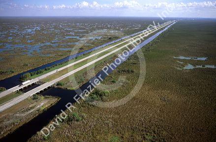An aerial of Interstate 75 alligator alley in the Florida Everglades.