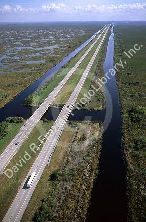 An aerial view of Interstate 75 alligator alley in the Florida Everglades.