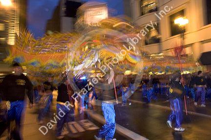 Chinese dragon with lots of motion in the Chinese new year parade in San Francisco, California.