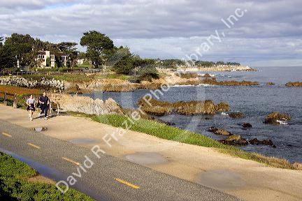 People jogging along the rocky shore in Monterey, California.