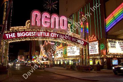 Neon lights and casinos along Virginia Street in Reno, Nevada.