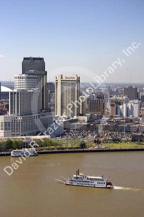 Creole Queen riverboat passing the city of the New Orleans along the Mississippi River, Louisisana.