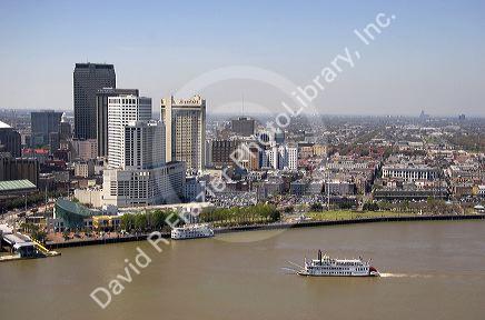 Creole Queen riverboat passing the city of the New Orleans along the Mississippi River, Louisisana.