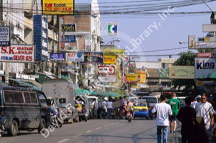 Traffic and business on Khao San Road in Bangkok, Thailand.