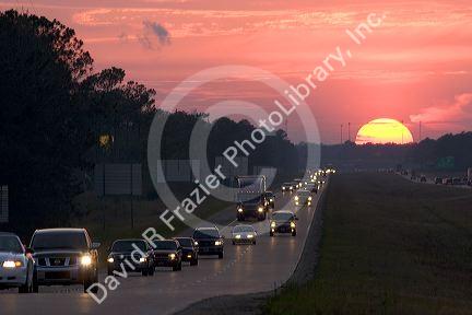 Traffic at sunset on Interstate 10 near Biloxi, Mississippi.