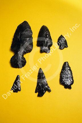 Obsidian arrowheads and tools.