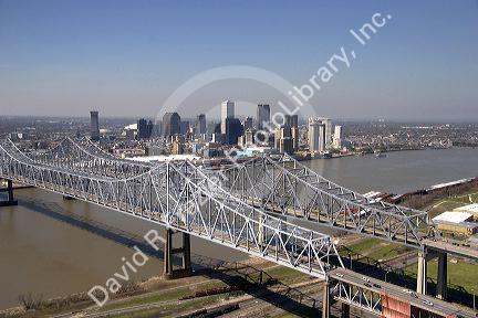 Aerial view of Mississippi River bridges at New Orleans, Louisiana.
