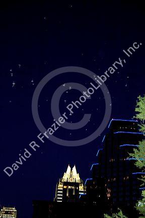 Bats swarm into the night sky over Austin, Texas.