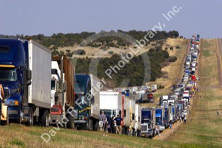 Traffic backed up after an auto accident on Interstate 40 east of Moriarty, New Mexico.