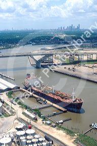 Houston Ship Canal in Texas with tanker at dock.