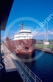 Great Lakes freighter passing through the Soo Locks at Sault Ste. Marie.