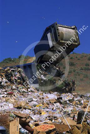 A large dumpster unloads trash at a sanitary landfill in Boise, Idaho.